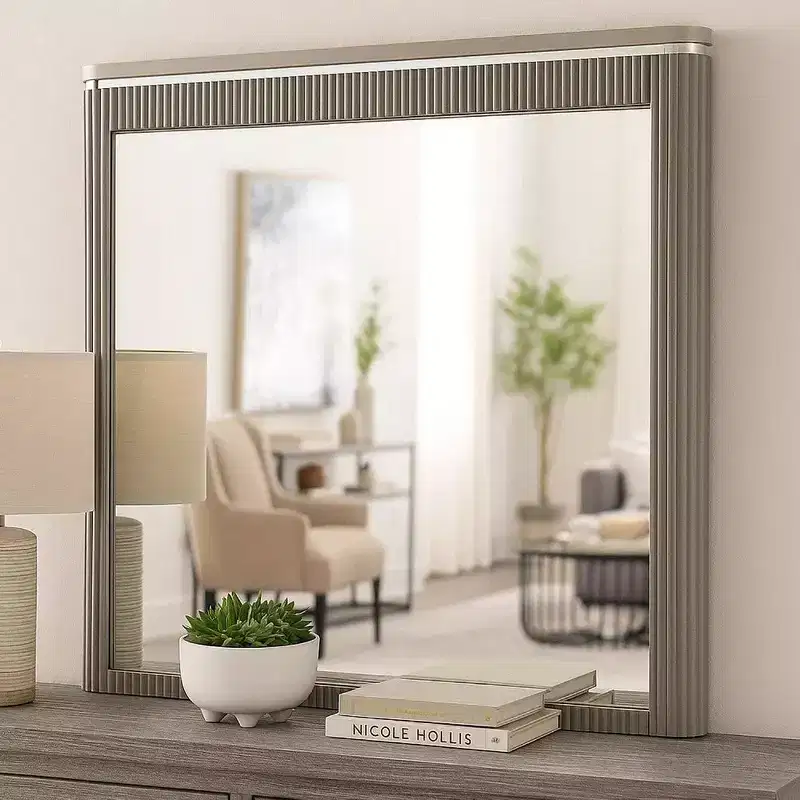 Dresser Mirror, 38 Inch Light Gray Wood, Reeded Design, Silver Accents