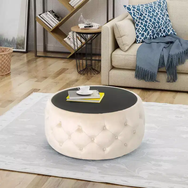 TUYOHW Modern Ottoman with Glass Top Round Velvet Upholstered Coffee Table with Button-Tufted Diamond Stitch Foot Stool for Living Room, Bedroom
