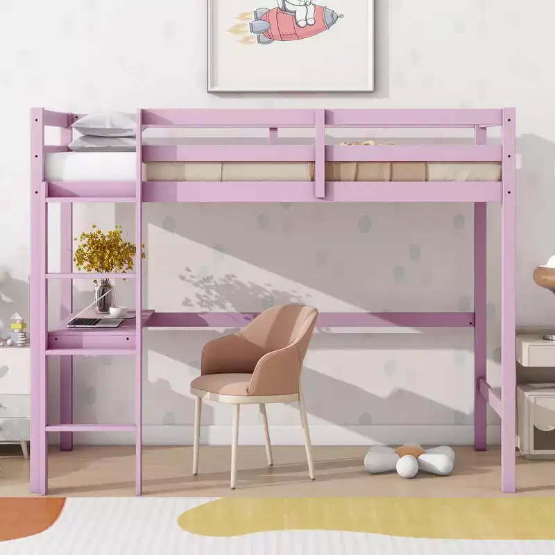Twin High Loft Bed with Safety Guardrail, Bulit-in Desk, Ladder Pink