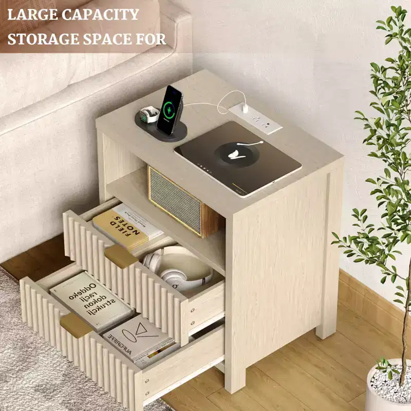 White Fluted Nightstand with Charging Station – 1-Person, 2-Drawer Open Shelf Bedside Table