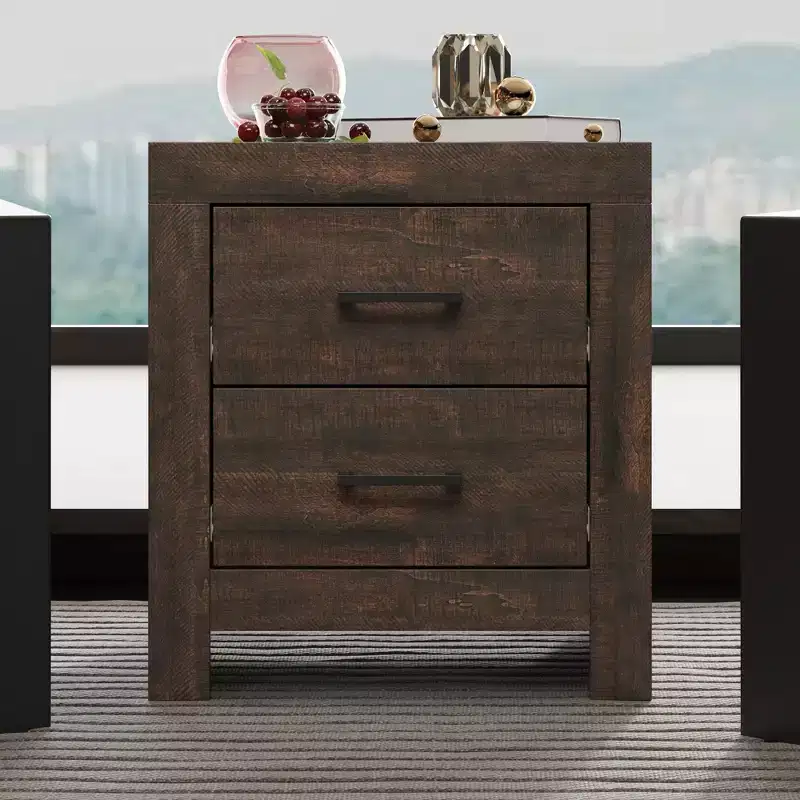 Two Drawer Nightstand Woodgrain Accent Vertical Storage Cabinet Bedside Table