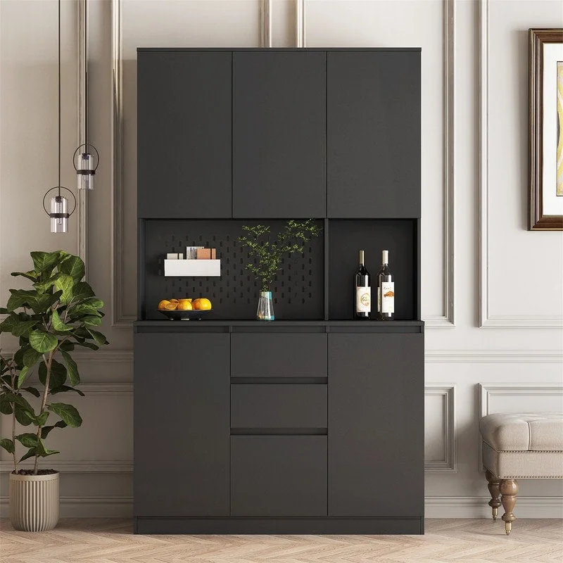 Kitchen Pantry Cabinet with Microwave Stand and 2 Drawers, Freestanding Buffet Cupboards Sideboard with Charging Station