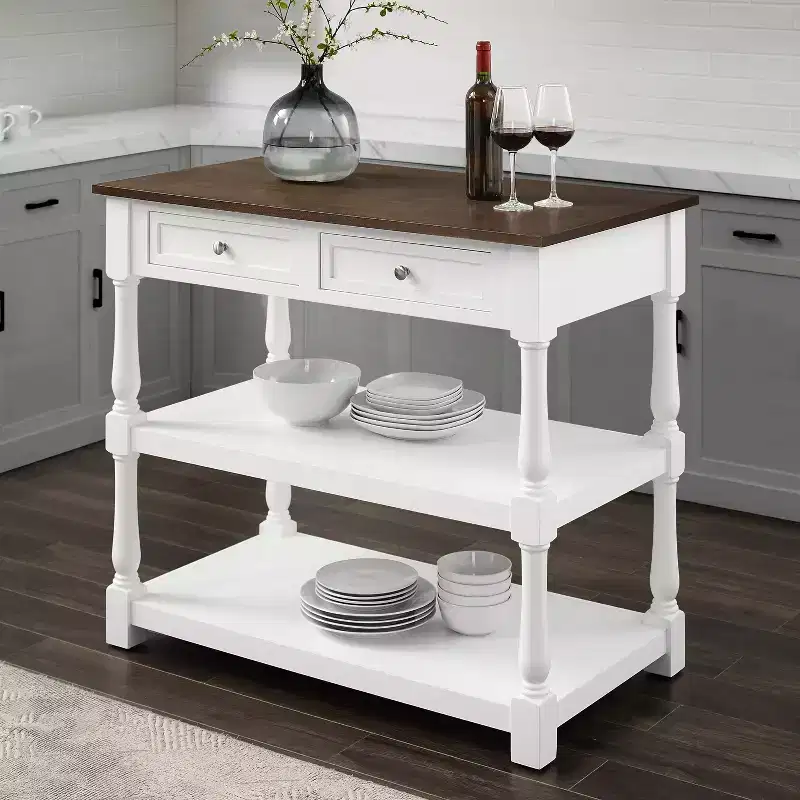 Caitlyn Wood Top Kitchen Island White/Dark Brown - Crosley: Storage, Turned Legs, Fixed Shelves