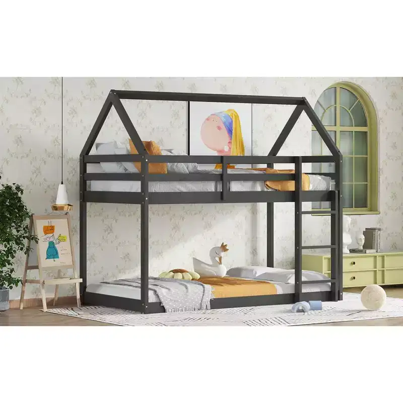 MAYEERTY Twin Rubber Wood Floor BUnk Bed with Ladder, Guardrails, House Shaped Bunk Bed Black