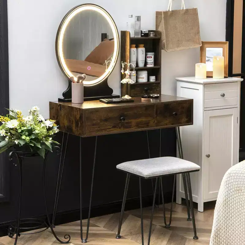 Costway Vanity Table Set Lighted Mirror Storage Drawer Shelf Cushion Stool
