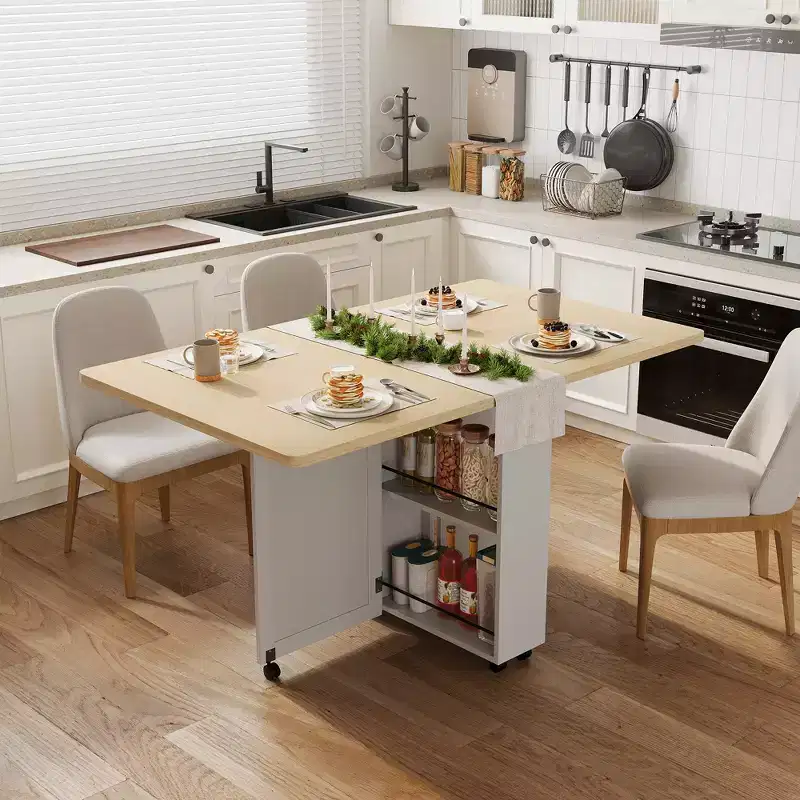 Folding Dining Table for 4,Farmhouse Kitchen Table with Drawer, 2-Layer Storage Shelf & 6 Wheels for Small Spaces