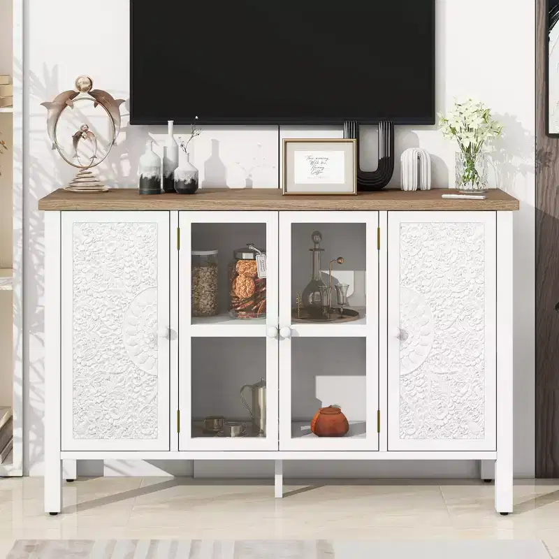 MAYEERTY TV Stand Entertainment Center Media Console Cabinet with 3 Spacious Glass Doors Anti Tip Device for Living Room