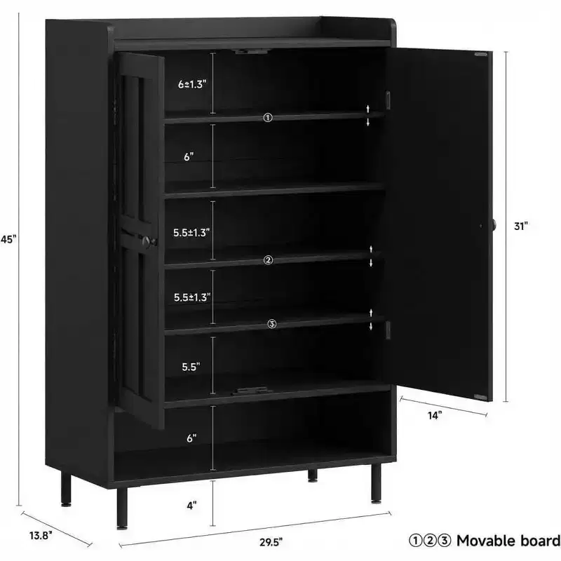 6-Tier Farmhouse Shoe Cabinet with 3 Adjustable Shelves and Metal Legs, 45'' Tall Shoes Rack Organizer Cabinet for Entryway, Front Door