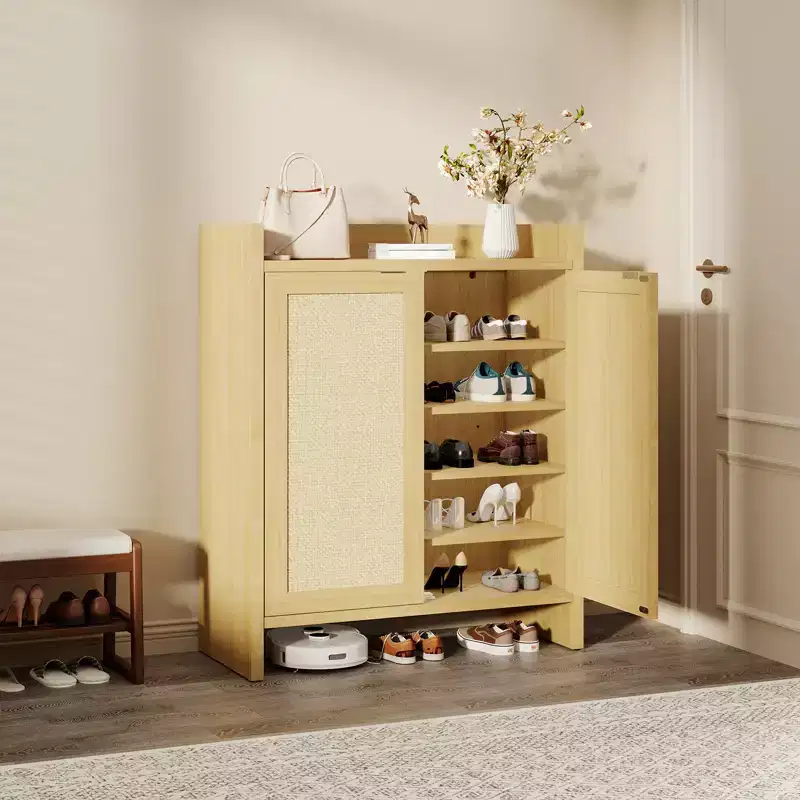 Rattan Shoe Storage Cabinet, Farmhouse Wood Shoe Rack Organizer with Adjustable Shelves for Entryway Hallway Kitchen Living Room Bedroom, Light Oak