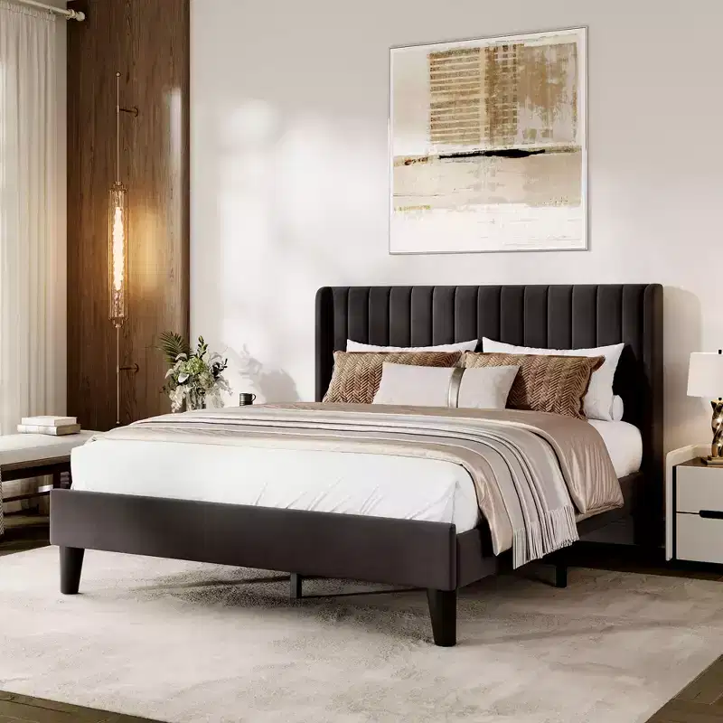 Garvee Queen Size Velvet Upholstered Platform Bed Frame, Channel Tufted Wingback Headboard, Wood Slats, No Box Spring, Easy Assembly, Black