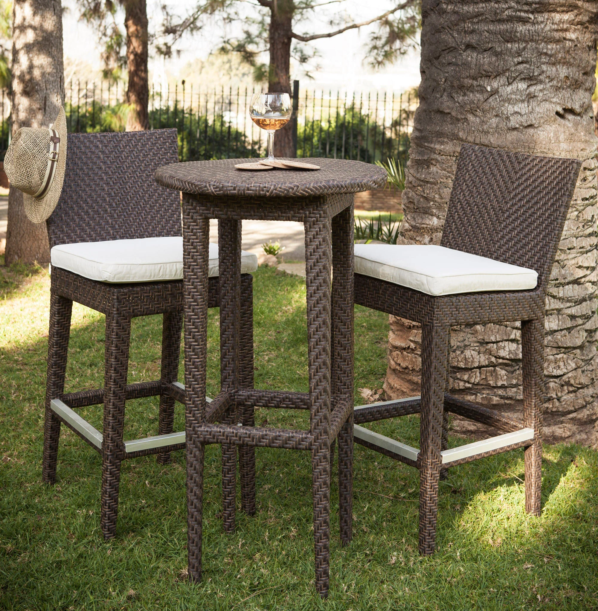 Outdoor Pub Barstool with Cushion Java Brown Wicker Aluminum Frame