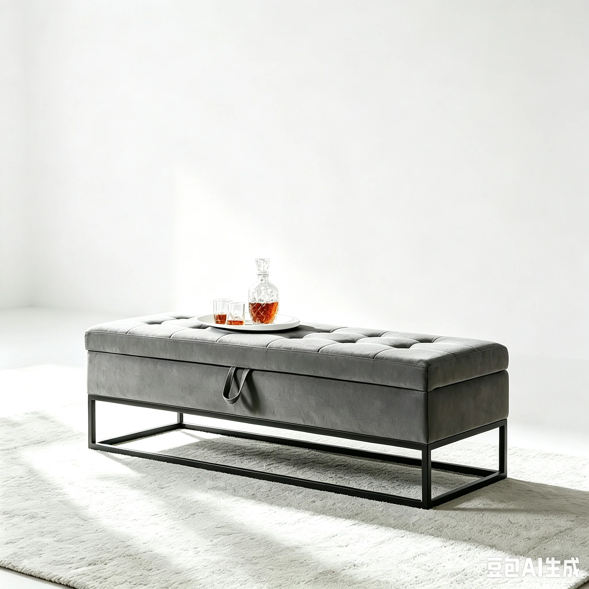 Metal Base Storage Velvet Bench, Bed Bench for Living Room, Gray
