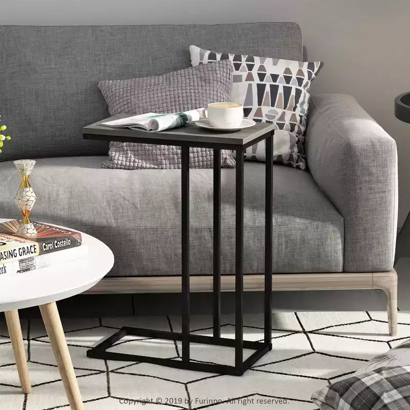 Modern Coffee Tray Side End Table, French Oak Grey, Metal Frame