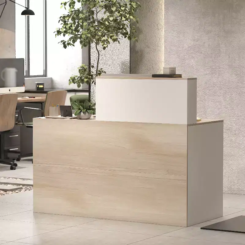 Famapy White Reception Desk with Locking Drawers Woodgrain Decorative Retail Counter Computer Workstation
