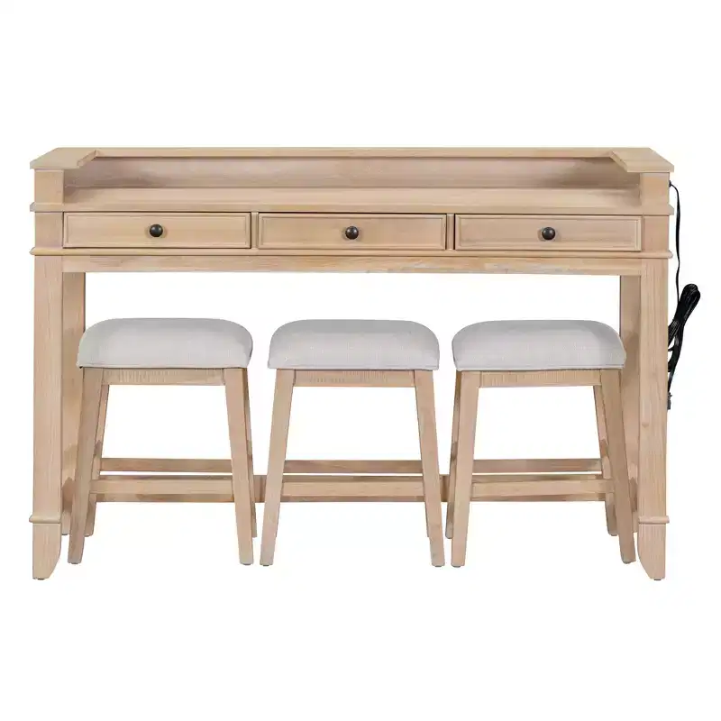 Whisen 4-Piece Dining Bar Table Set with 3 Upholstered Stools and 3 Drawers