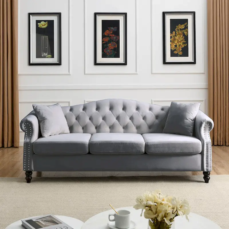 Chesterfield 3-Seater Upholstered Tufted Sofa with Rolled Arms and Nailhead
