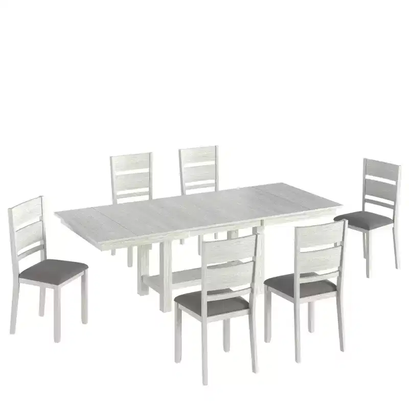VECELO Rustic 7-Piece Extendable Dining Table Set for 6, Rubber Wood Table and 6 Armless Upholstered Dining Chairs, Gray