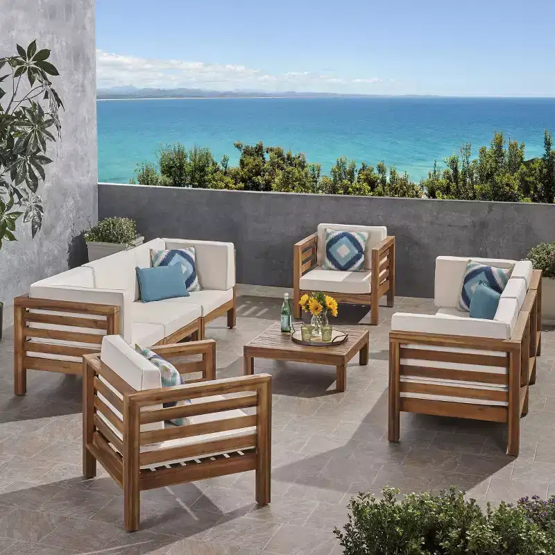 Oana 9pc Acacia Wood Sofa & Club Chair Set Teak/Beige - Christopher Knight Home: Modular Outdoor Sectional, Weather-Resistant