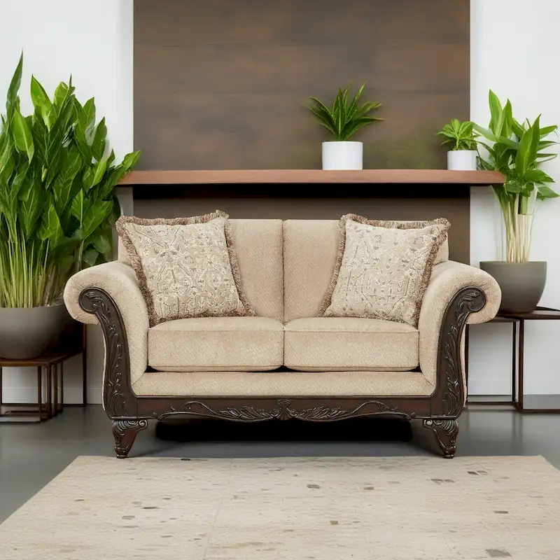 Roundhill Furniture Hernen 2-Piece Carved Wood Frame Living Room Set