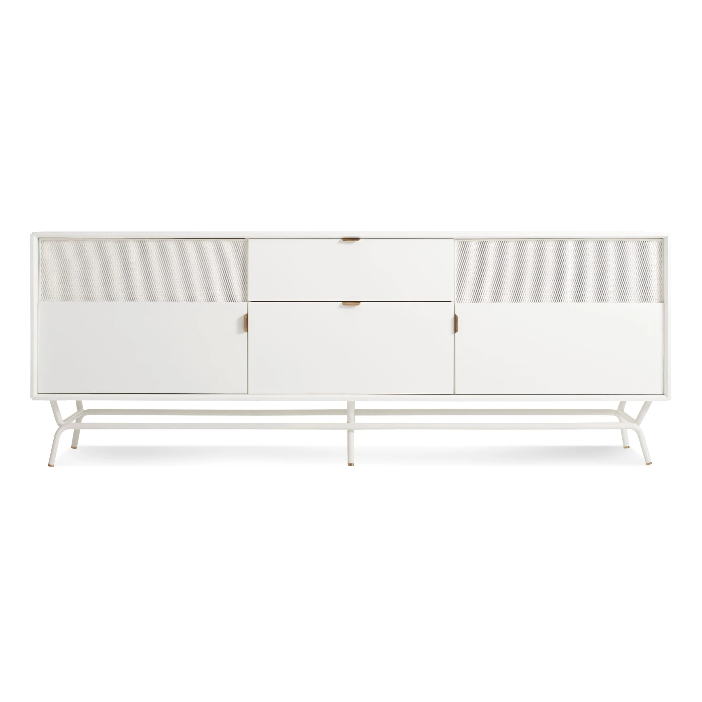 Modern Grey Steel Credenza with Perforated Doors & Brass Pulls for Living Room