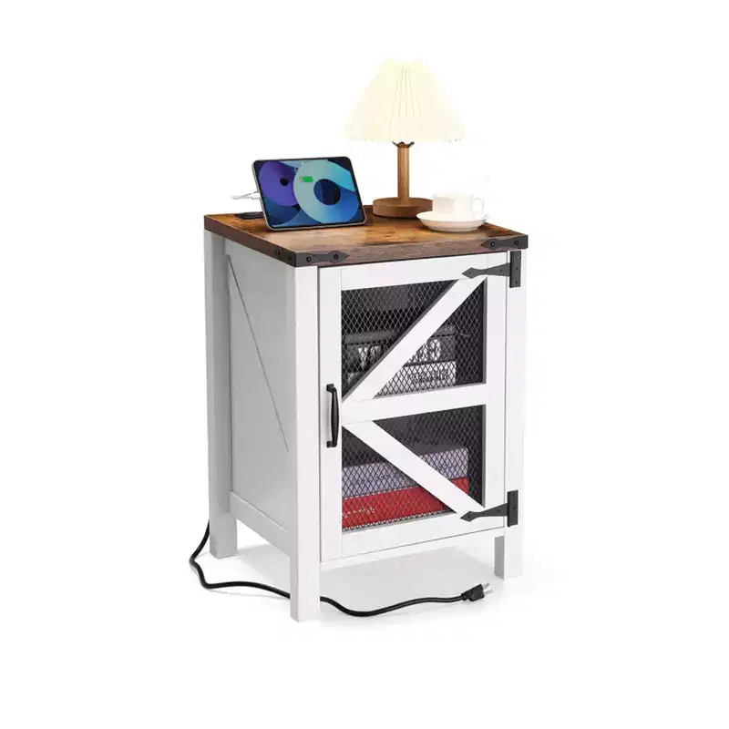 Farmhouse Nightstand with Charging Station, Wood Side Table, End Table with Adjustable Shelf, Rustic Bedside Cabinet with Mesh Barn Door