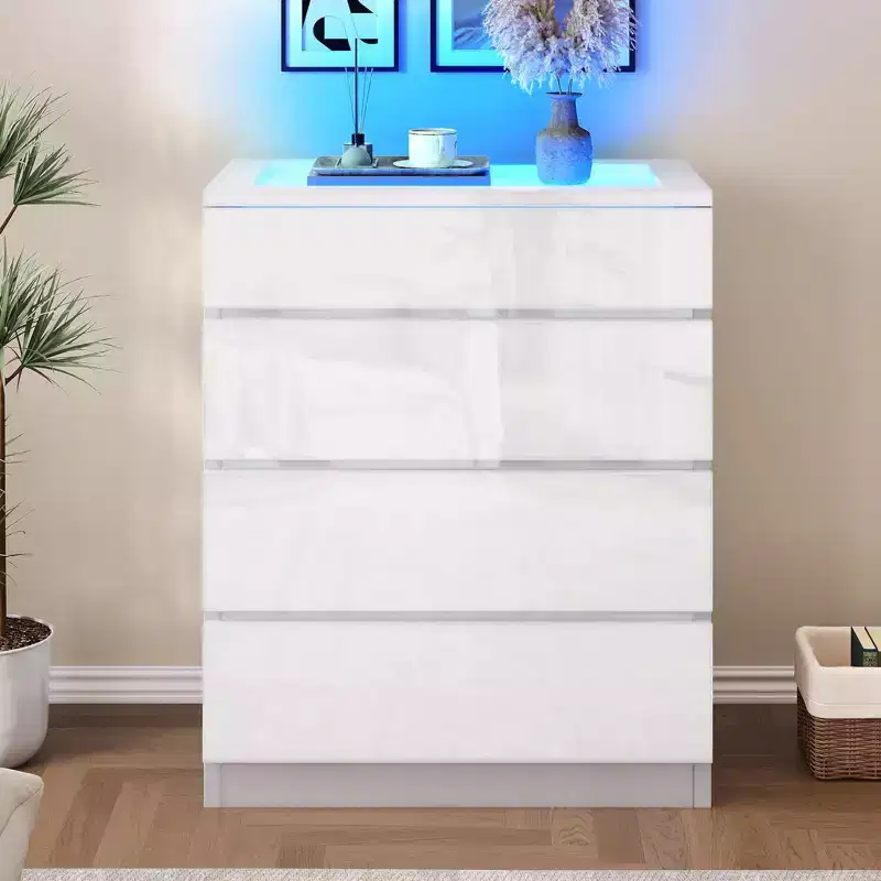 Modern 4 Drawer Dresser with LED Tempered Glass Top Bedroom Living Room Storage Organizer
