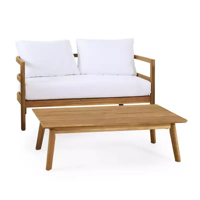 GDFStudio Aggie Outdoor Acacia Wood Loveseat and Coffee Table Set with Cushions, Teak/White