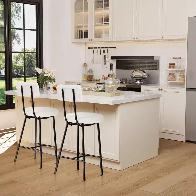 Bar Stool Chairs, Modern Upholstered Counter Height Barstools with Round Seat, Armless Bar Chair with Back, Footrest and Metal Legs