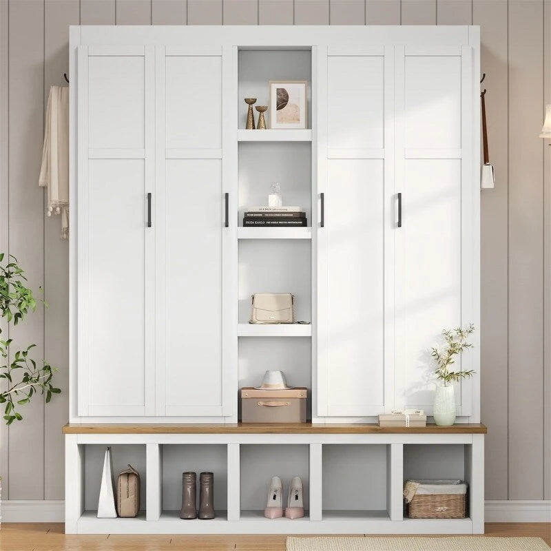 Farmhouse 4-in-1 Hall Tree with Open Display Shelves, Mudroom Shoe Bench with Open Compartments, Entryway Coat Rack with 6 Hooks