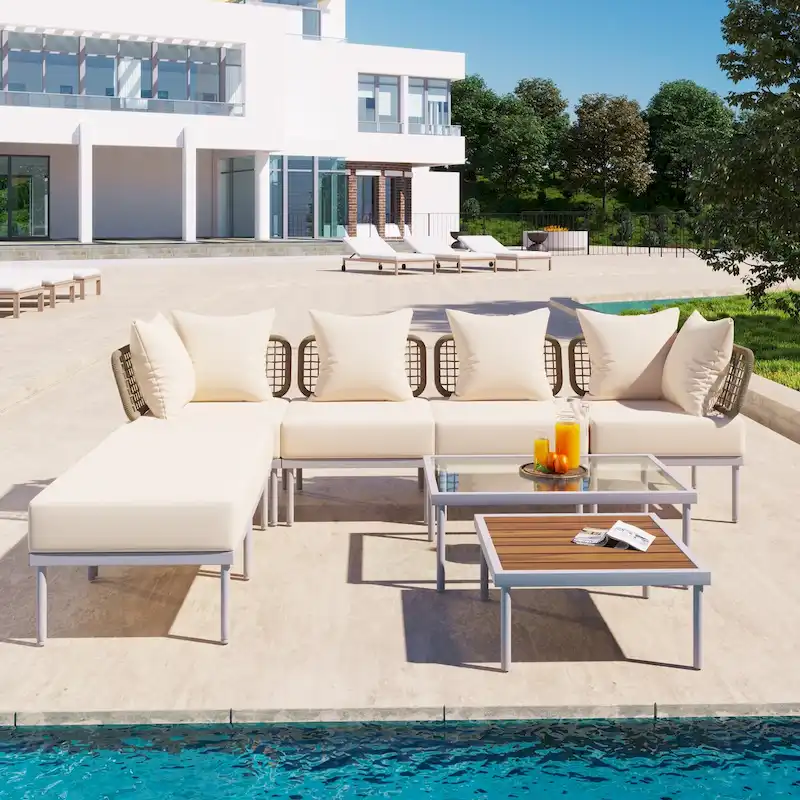8-Piece Patio Sectional Sofa Set with Tempered Glass Coffee Table