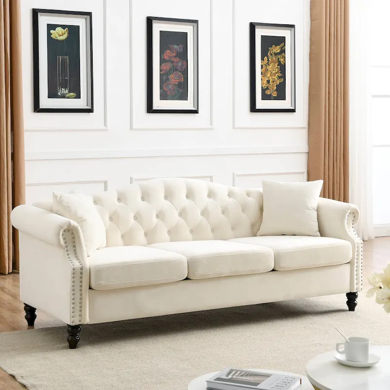 Chesterfield 3-Seater Upholstered Tufted Sofa with Rolled Arms and Nailhead