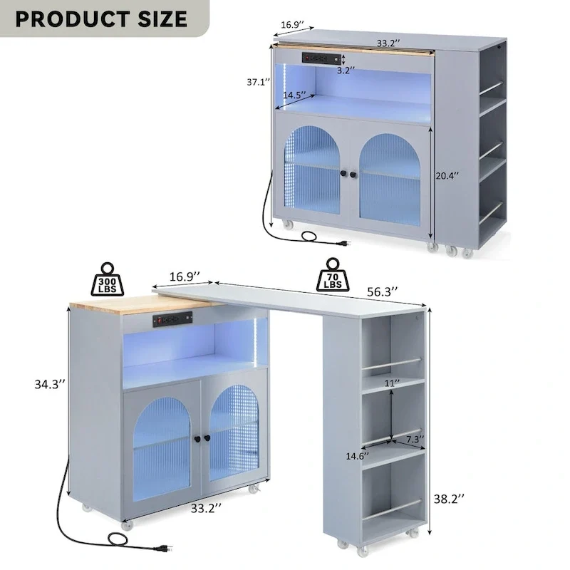 LED Lights Kitchen Island Cart With Extended Table and Power Outlets