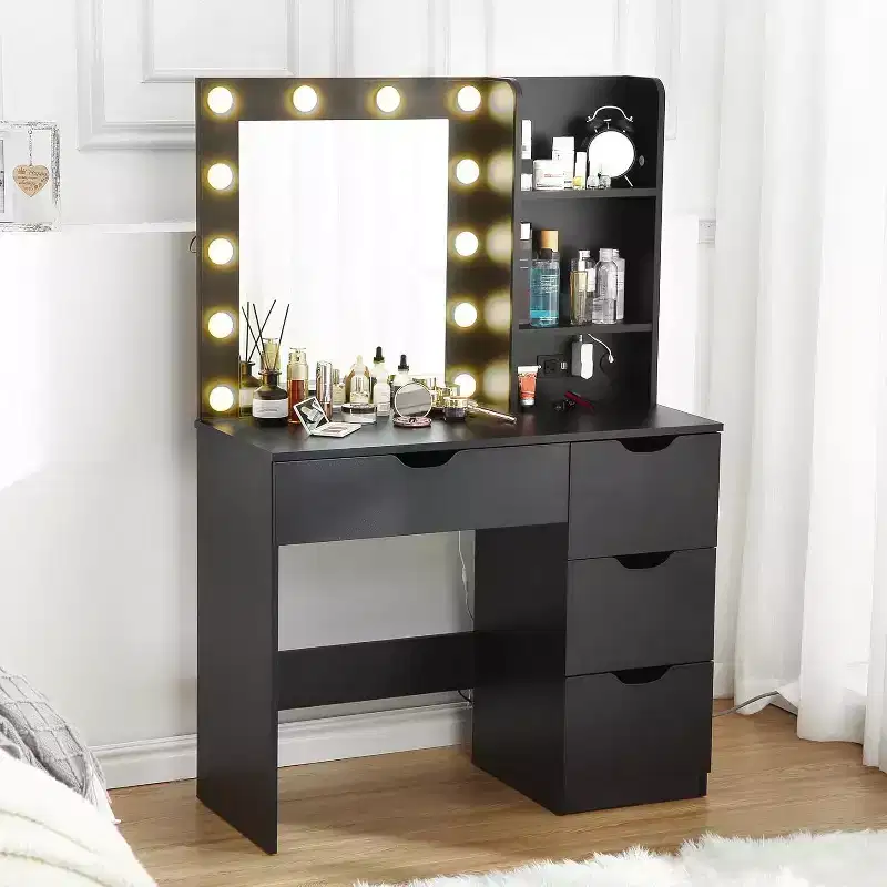 Makeup Vanity with Mirror and Lights, 3 Lighting Modes Vanity Desk with 4 Drawers and Built-in Power Strip