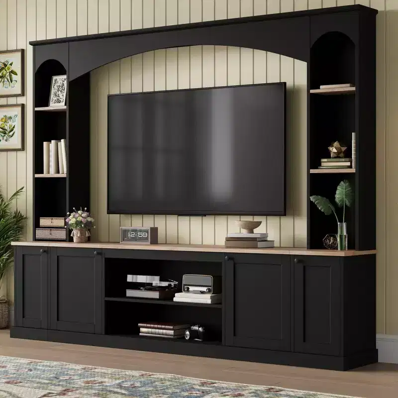 Whisen 91 Media Console, Arched Entertainment Center Wall Unit, Farmhouse TV Stand with Bookshelf, Wood Grain for TVs Up to 70