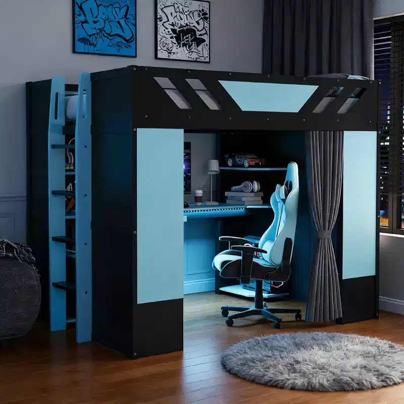 Luxystar Full Loft Bed With Lighted Computer Desk, Keyboard Tray, Storage Shelves and Blackout Curtain