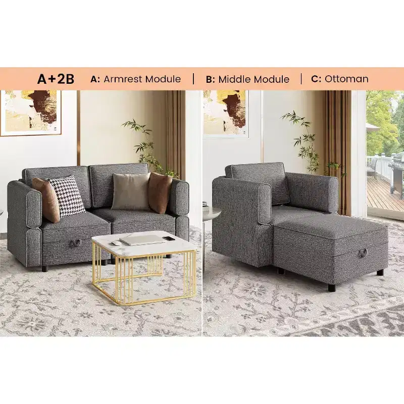 Sectional Sofa with Storage Ottoman - Adjustable L-Shaped Couch for Living Room (Chenille Fabric)