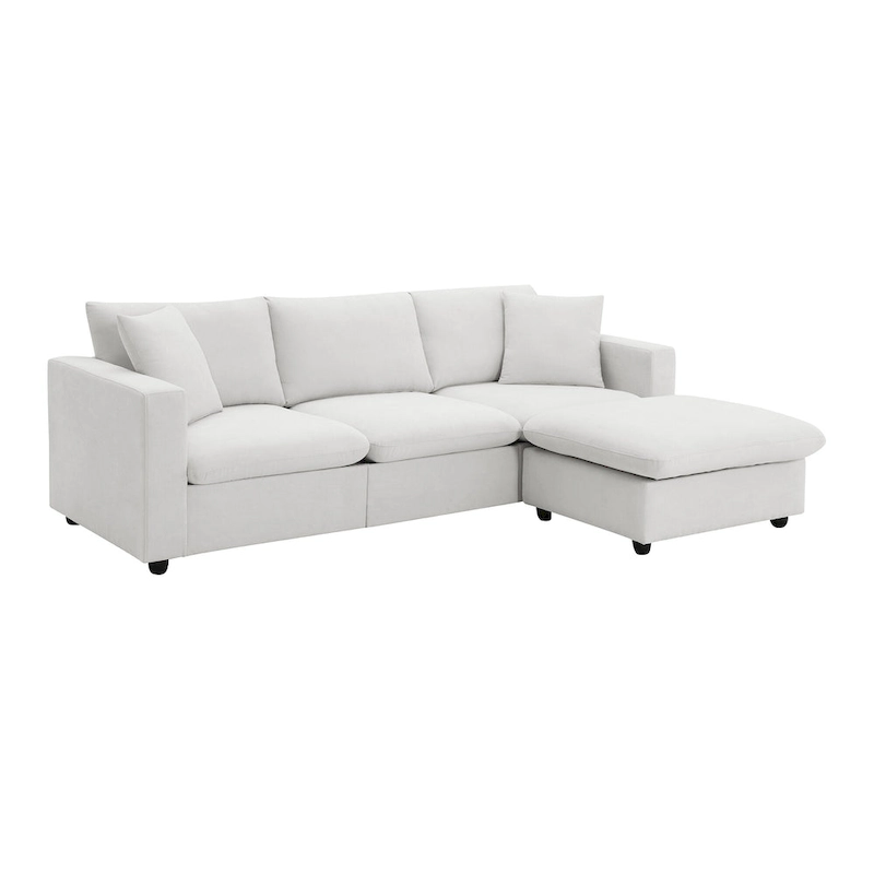 L-shaped Sectional Cloud Couch Set w/Throw Pillows, Ottoman, Wide Seat