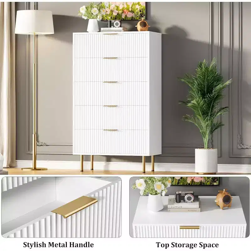 5 Drawer Dresser, Tall Modern Chest with Fluted Panels & Wide Gold Handles, Bedroom Storage Organizer for Closet, Living Room, Entryway