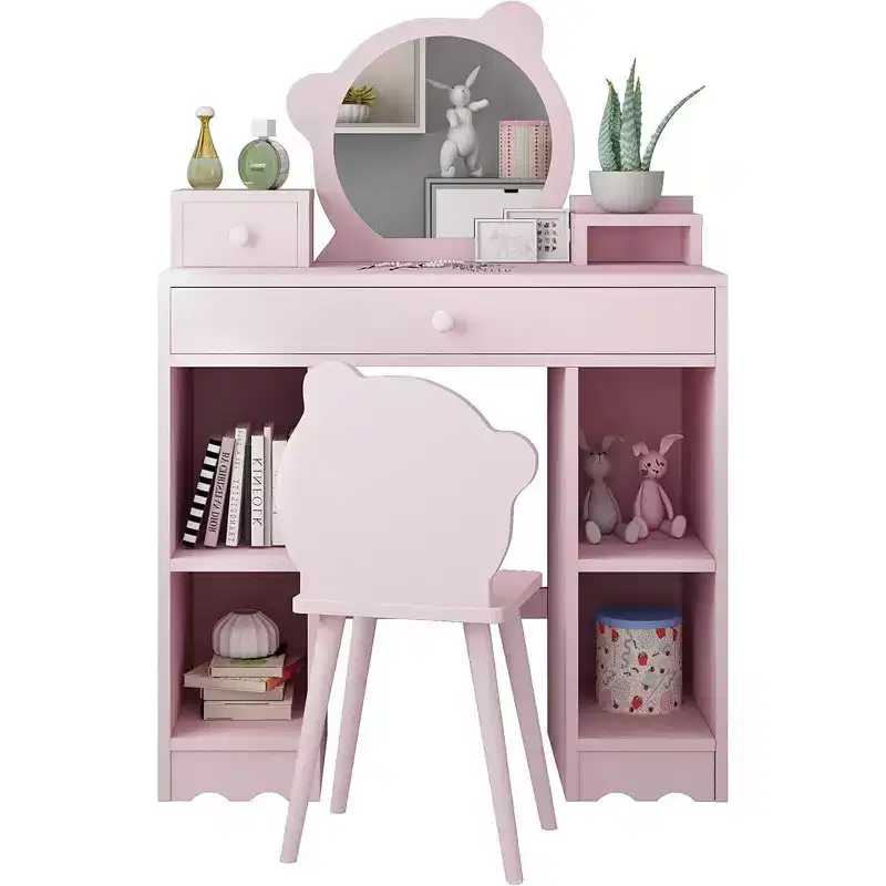 2-in-1 Dressing Table and Stool Set with Drawers & Open Shelves, Bear-Shaped Mirror & Stool, Makeup Dressing Table for Bedroom, Pink