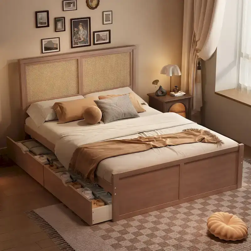 Wood Storage Platform Bed with 4 Drawers & Rattan Headboard