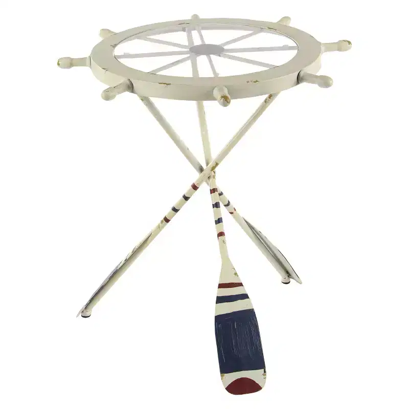 White Round Accent Table – Coastal Nautical Style, Glass Top, Iron Frame