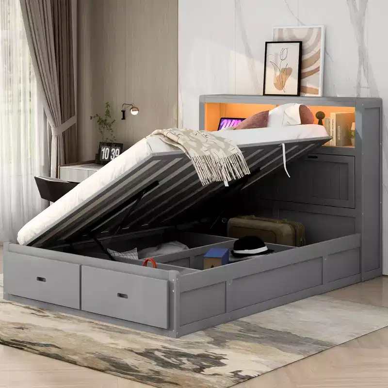 Full/Queen Size Hydraulic Platform Bed with Storage LED Headboard, Charging Station, 2 Drawers and Under-Bed Storage Space, White/Gray-ModernLuxe