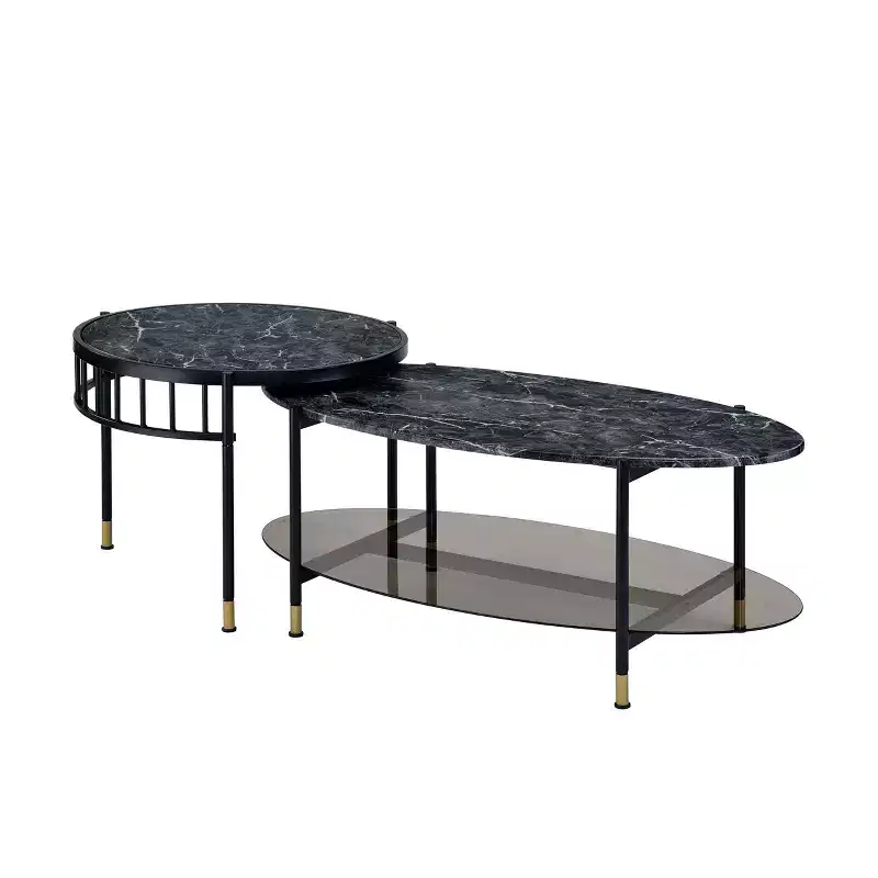 Acme Furniture 40" Silas Accent Table Set with Shelf: Faux Marble, Round, Metal Base