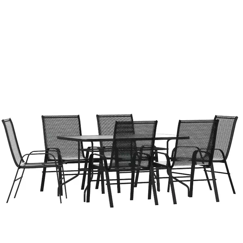 Emma and Oliver Seven Piece Patio Table Set with Metal Table with Tempered Glass Top and 6 Flex Comfort Stacking Chairs