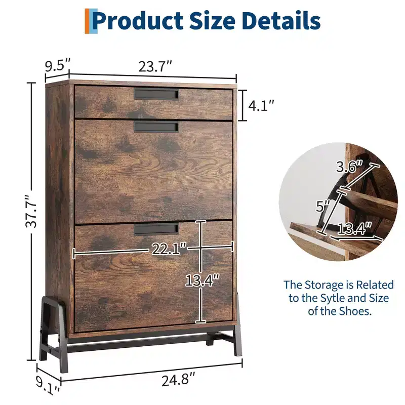Shoe Storage Cabinet with 3 Flip-Drawers, Hidden Entryway Organizer, Freestanding Narrow Shoe Rack for Hallway & Living Room