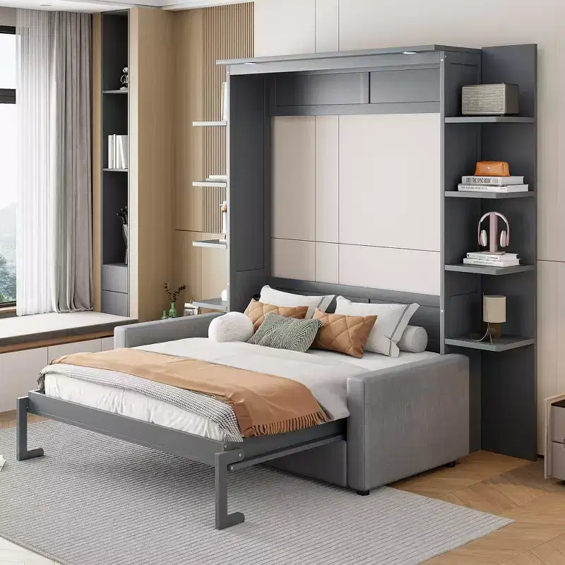 Modern Design Wood Frame Queen Size Murphy Bed Wall Bed with Sofa and Shelves