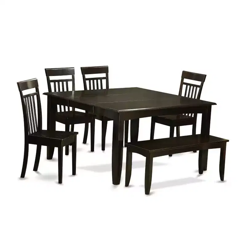 HomeStock 6-Piece Square Cappuccino Finish Solid Wood Top dining Table with 1-Bench and 4-Chairs