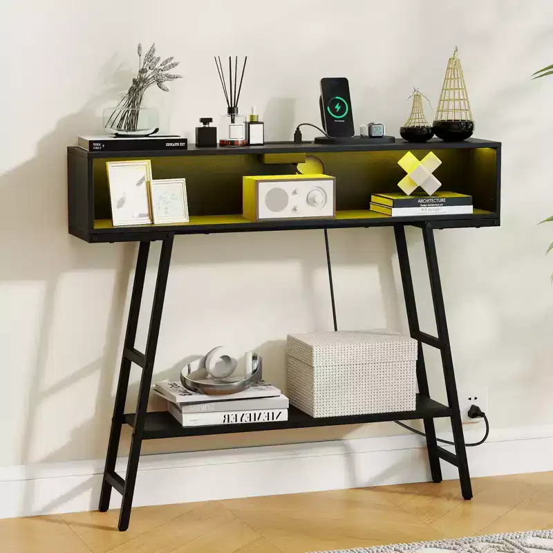 Costway 40'' Console Table w/ Power Strip 3-Tier Entryway Table w/ RGB LED Lights Black