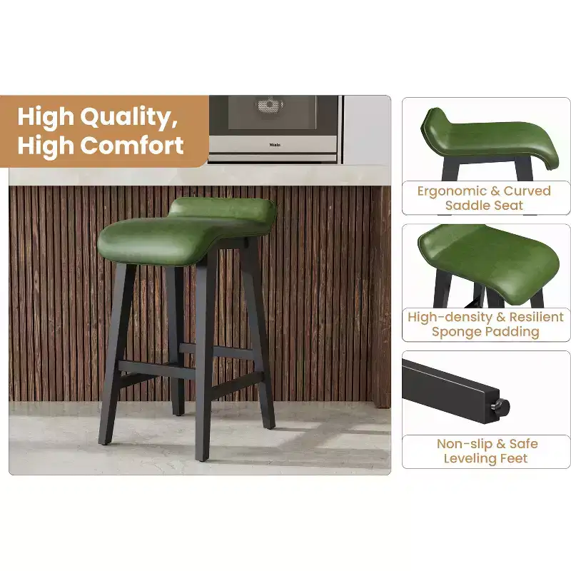 Modern Comfort Bar Stools Set of 2  26.2 Counter Height, Upholstered Low Back, [Seat Detail], Wood Legs, Footrest