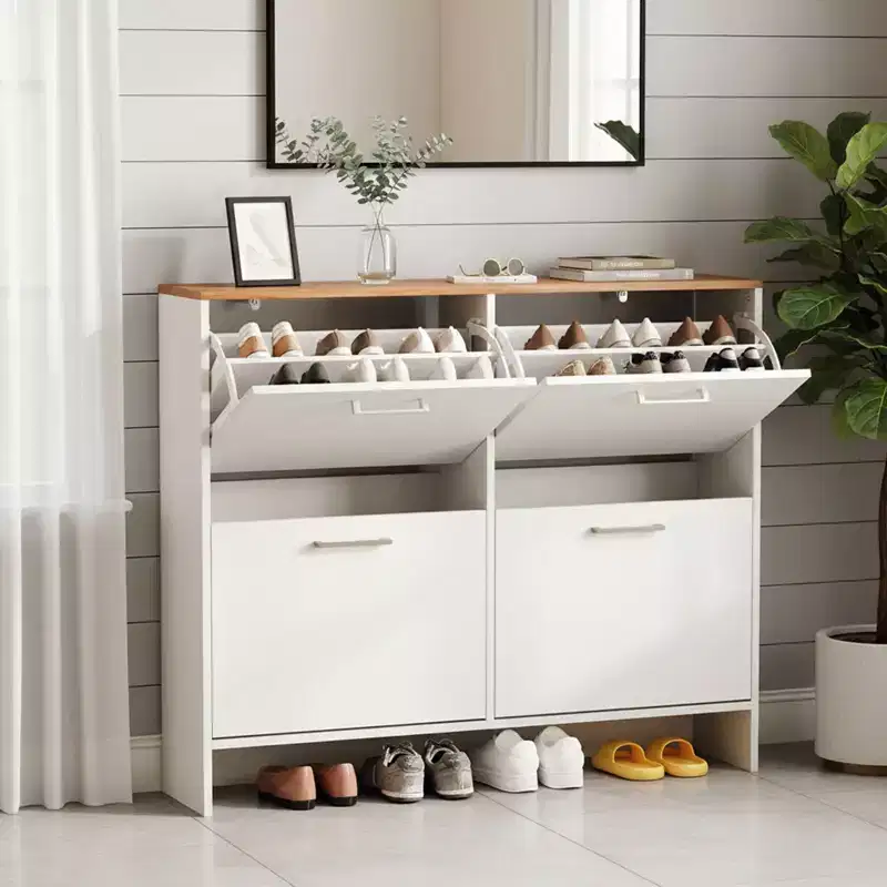 42 W 4-Flip Drawer Flat Top Shoe Cabinet with Silver Metal Handles
